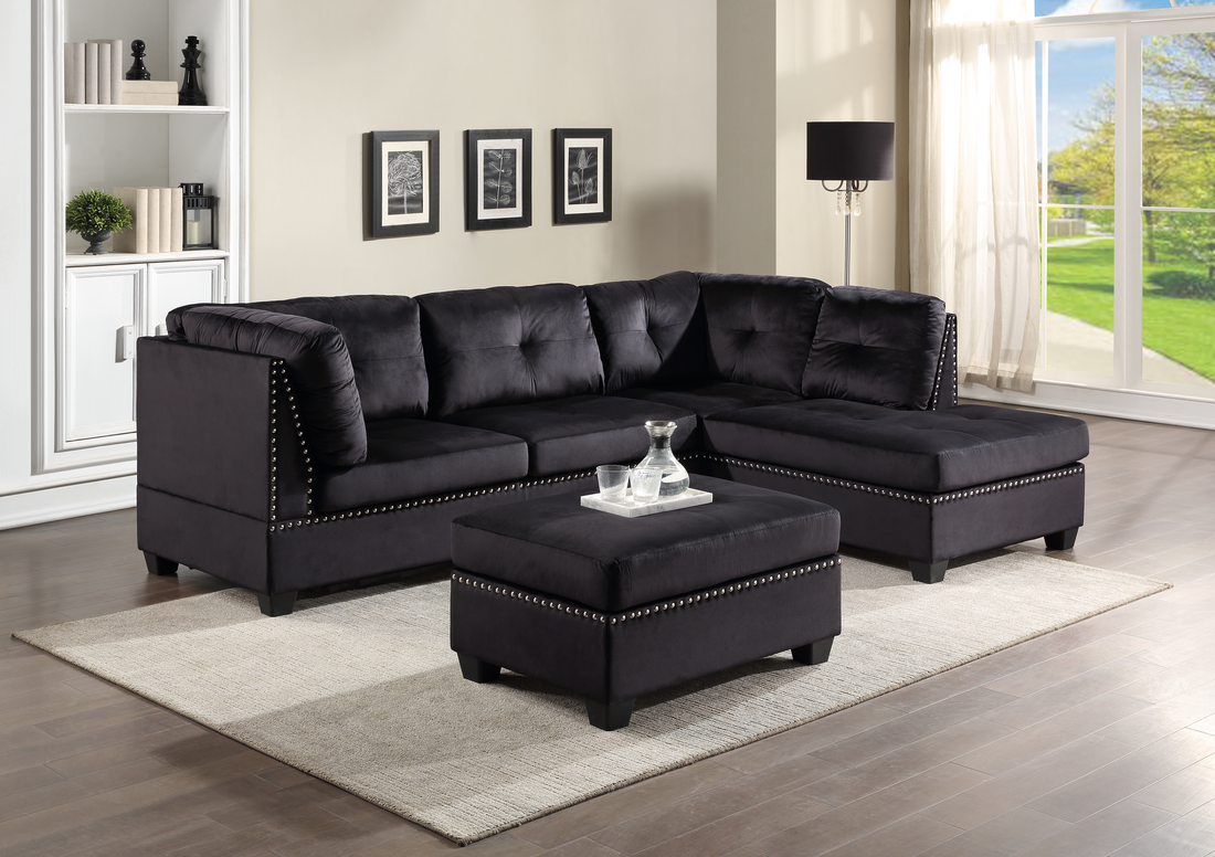 Sienna - Black Velvet Sectional + Ottoman Set Image